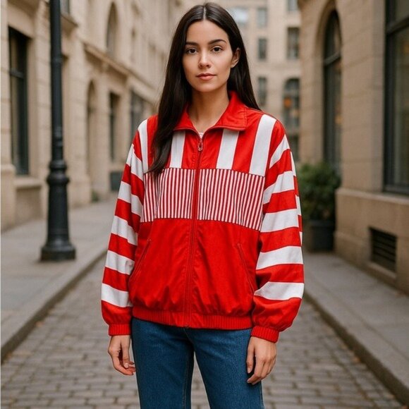 Vintage Red & White Striped Track Jacket Cospo Women’s Medium Oversized Dolman - Picture 2 of 11
